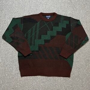Boulevard Vintage Geometric Abstract Knit Sweater Burgundy Green XLT